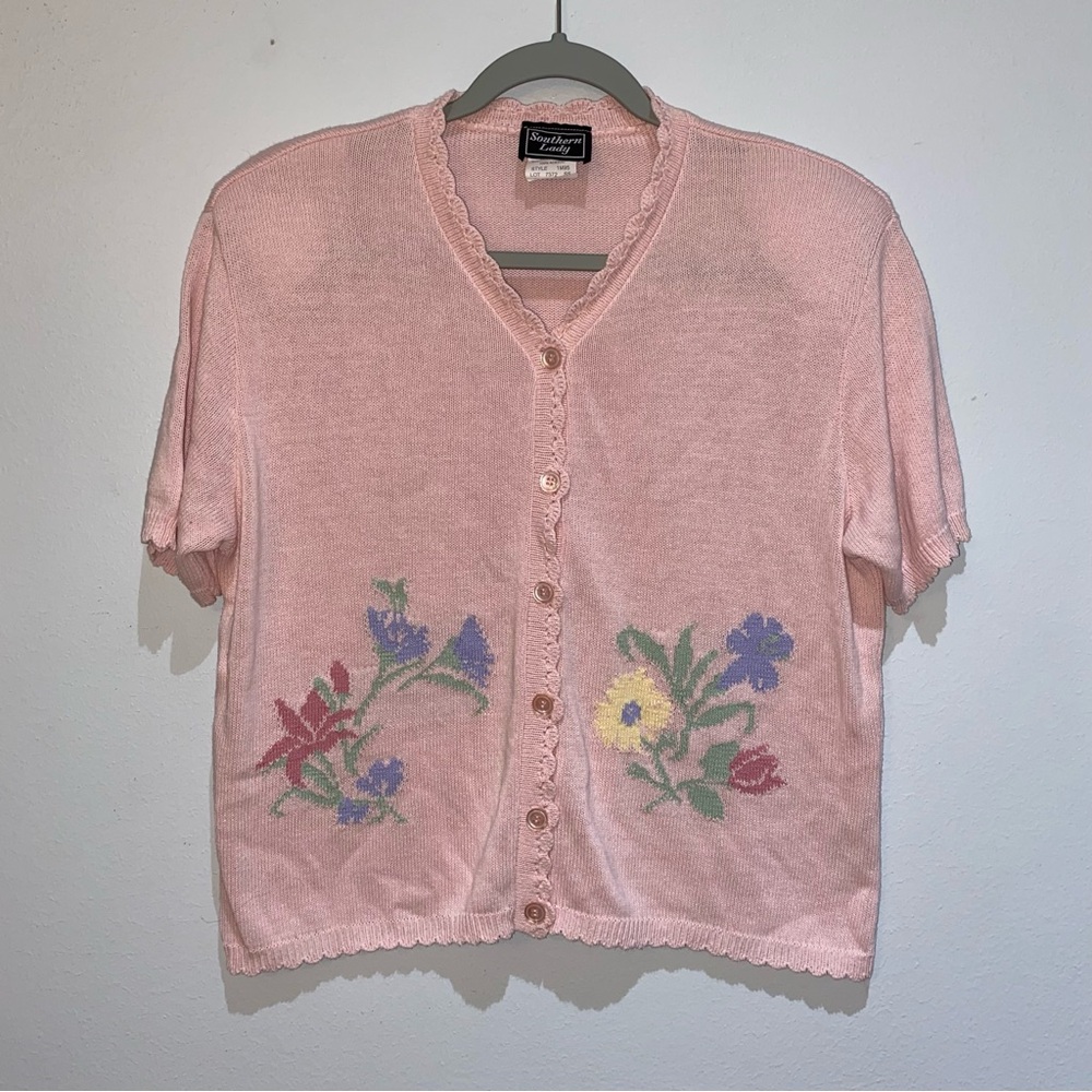 Southern Lady Pink Flower Floral Sweater Medium Cardigan